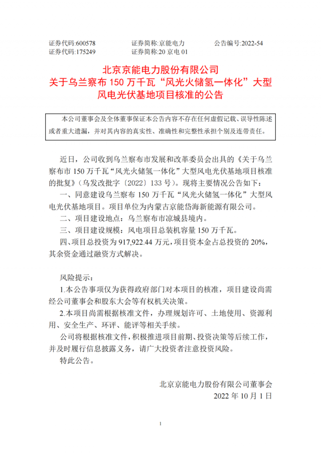 京能電力150萬(wàn)千瓦“風(fēng)光火儲(chǔ)氫”基地獲批！