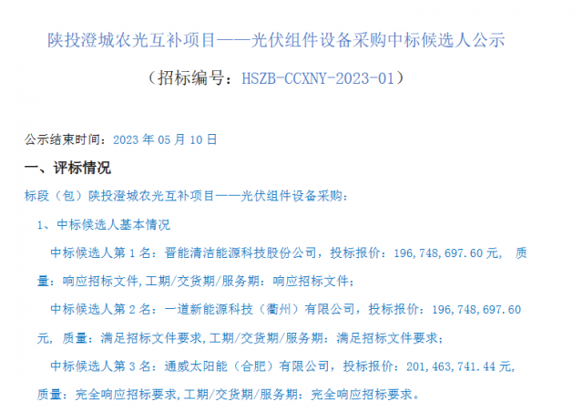 最低1.61元/W！這些企業(yè)擬中標陜投澄城農(nóng)光互補項目組件采購